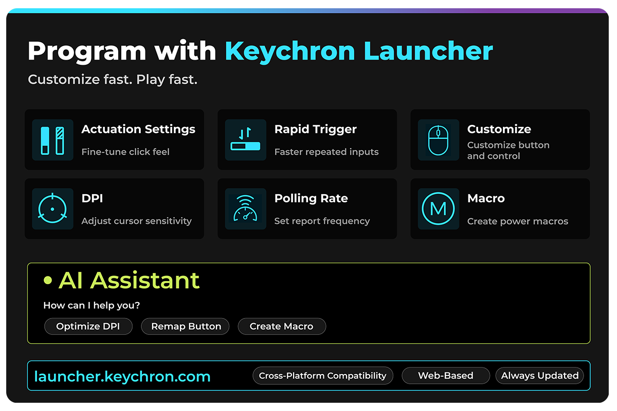Keychron Launcher — 액추에이션 · 래피드 트리거 · DPI · 폴링 레이트 · 매크로 설정